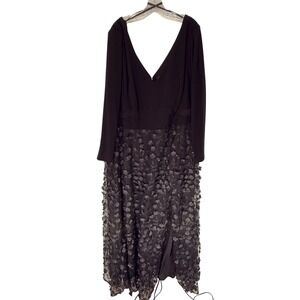 Xscape Long Sleeve V-Neck 3D Embellished Floral Gown Black Formal Event 22W